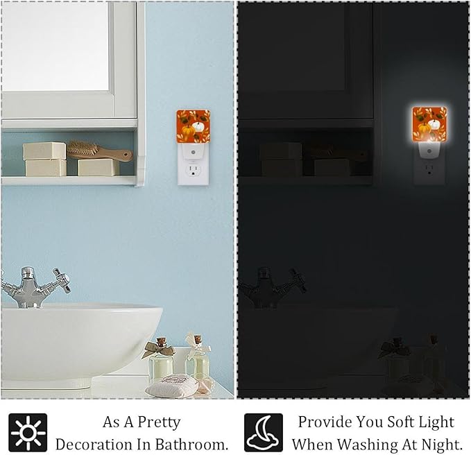 Thanksgiving Pumpkins a LED Night Light, Plug-in, Dusk-to-Dawn Sensor, Home Décor, Ideal for Bedroom, Bathroom, Nursery, Kitchen, Basement, 2 Pack