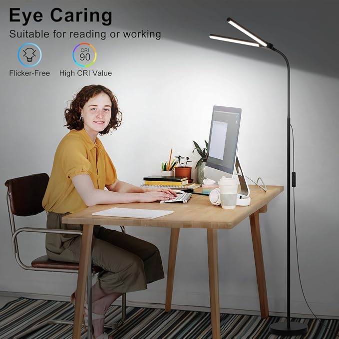 LED Floor Lamp with Remote Control, Bright 18W Floor Lamps for Living Room with Double Head, Adjustable Gooseneck Standing Lamp, Eye Caring Reading Light for Eyelash Extetions Craft Office
