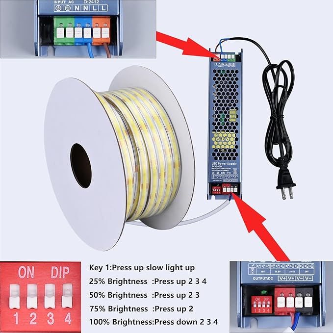 24V COB LED Strip Lights Outdoor Waterproof 65.6FT, 6000K Cool White Dimmable IP67 CRI 93 LED Rope Light with Power Supply for Bedroom Living Room Garden Commercial House