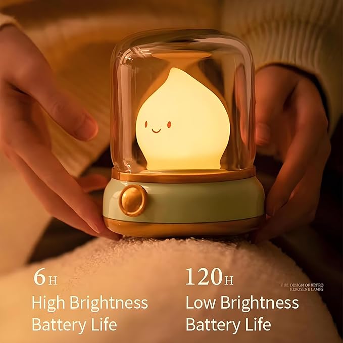 Flameless Silicone Night Light for Kids Toddler, Rechargeable Touch Dimmable Amber Lamp, Retro Kerosene Lamp with Timer, Cute Chibi Gift for Teen Girls Bedroom (Yellow)