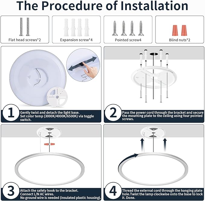 MOONSEA Flush Mount LED Ceiling Light Fixture Brushed Nickel 24 Inch, 50W Dimmable 3000K-4000K-6500K 3 Color Selectable Ceiling Lamp 5000LM Low Profile Ceiling Light for Kitchen Bedroom Hallway