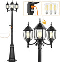 Dusk to Dawn Outdoor Lamp Post Light with GFCI Outlet, 3-Head Classic Black Light Pole with Glass Panels (3 LED Bulbs Included), Aluminum Waterproof Outside Street Light for Backyard Garden Driveway