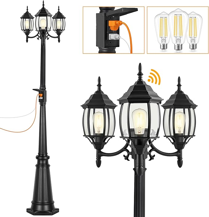 Dusk to Dawn Outdoor Lamp Post Light with GFCI Outlet, 3-Head Classic Black Light Pole with Glass Panels (3 LED Bulbs Included), Aluminum Waterproof Outside Street Light for Backyard Garden Driveway