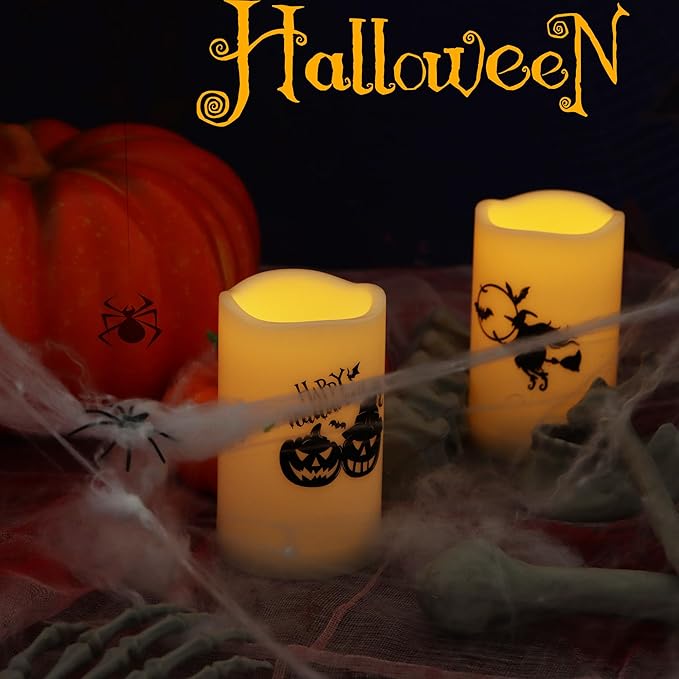CANDLE CHOICE Outdoor Battery Operated Flameless Pillar Candles with Auto Daily Timer Waterproof Realistic Flickering Electric LED Lights with Pumpkin Witch Decals Halloween Decorations 3”X5” 2 Pack