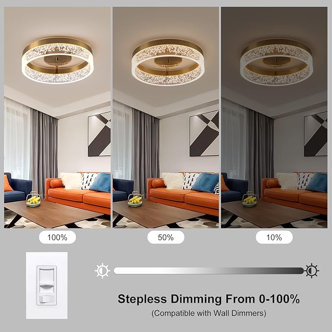 Jaycomey Modern LED Ceiling Light Fixture, 11.65" Flush Mount Kitchen Lighting Gold with Clear Seeded Acrylic Lampshade,Dimmable Round Ceiling Lamp Lights for Bedroom Dining Room