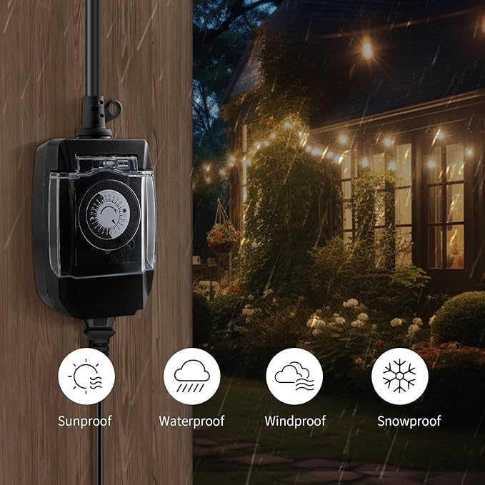 Outdoor Timer Outlet Waterproof, 24 Hour Mechanical Timer Outlet for Home and Garden, Single Grounded, 15A 3/4HP, Black, 1 Pack