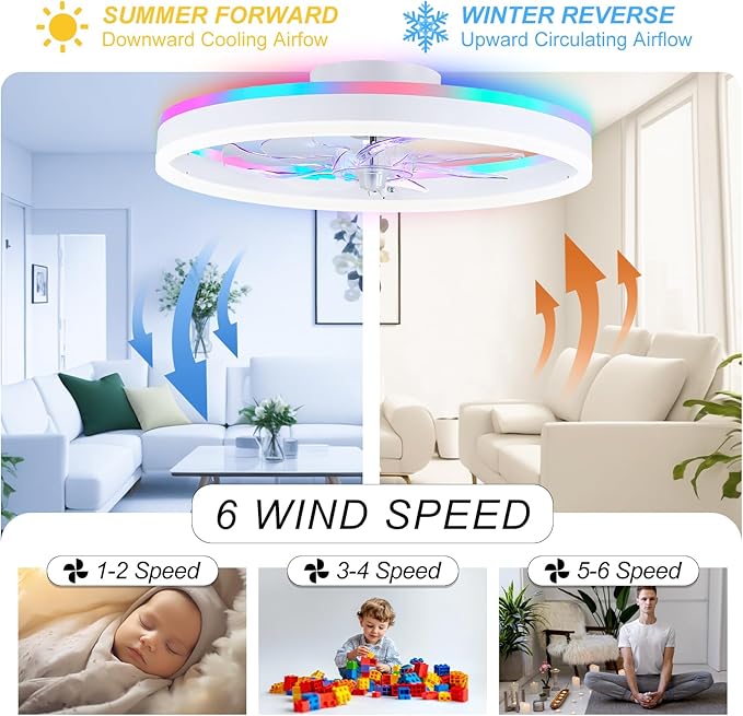RGB Ceiling Fans with Lights, 20" Fandelier Low Profile Ceiling Fan with Light, Modern Flush Mount Ceiling Fan Light with Remote/APP Control, Bedroom Chandelier Fan Fixture for Indoor(White)
