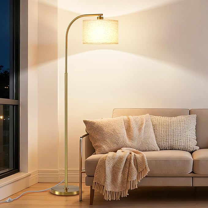 Floor Lamp for Living Room with Remote,Dimmable Tall Standing Lamps,Modern Gold Floor Light with Smart RGB Bulb,App Control,3 Color Temperatures,Fabric Shades,Floor Lamp for Bedroom Office Corner