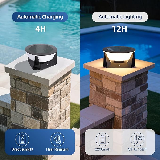 11" Solar Post Lights, IP54 Waterproof Outdoor Lamp Post Light, 3000K Pillar Lights Outdoor, Dusk to Dawn Solar Column Light, Modern Pillar Lighting for Patio Posts Fence Gate Garden Entrance