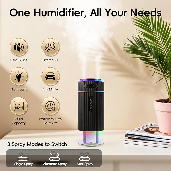 Portable Small Humidifiers for Travel, Mini Air Ultrasonic Humidifier with Filter Element - Cool Mist, Whisper Quiet, Nightlight, 350ML Tank, Car Modes, Perfect for Baby, Bedroom, Hotel, Desk, Plants