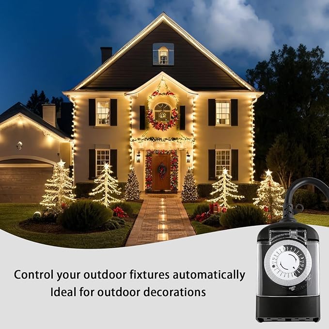 Outdoor Timer Outlet Waterproof, 24 Hour Mechanical Timer Outlet for Home and Garden, 2 Grounded, 15A 3/4HP, Black, 2 Pack