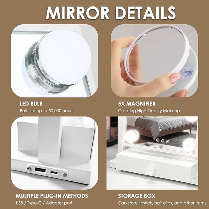 Vanity Mirror with Lights, Vanity Makeup Mirror with 9 Dimmable LED Bulbs, 3 Color Lighting Modes, Detachable 5X Magnification, LED Vanity Mirror with Drawer, Smart Touch Control,White