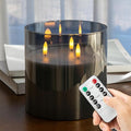 Extra Large Flameless Candles with 3 Wicks, 6"x6" Glass Battery Operated Candles with Remote, Real Wax Flickering LED Candles Fake Candle for Home, Wedding, Party, Gray