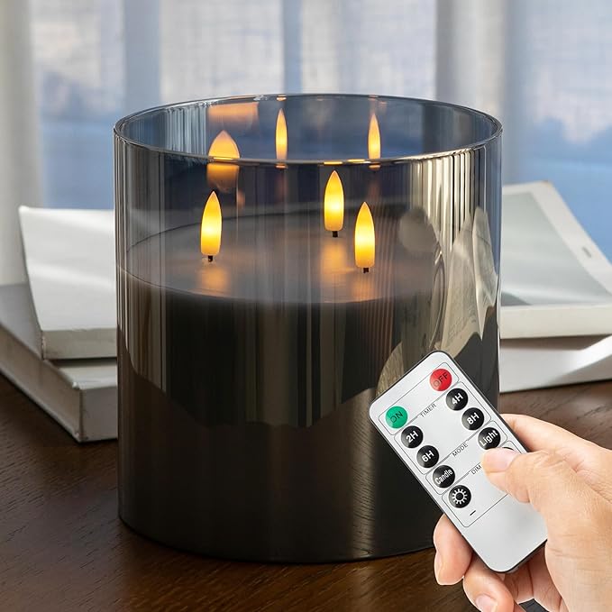 Extra Large Flameless Candles with 3 Wicks, 6"x6" Glass Battery Operated Candles with Remote, Real Wax Flickering LED Candles Fake Candle for Home, Wedding, Party, Gray