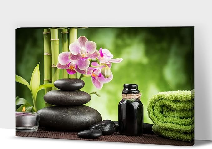 GUTTATY Zen Wall Art Decor, Modern Bathroom Zen Decor Wall Art, Canvas Wall Art for SPA Zen Room Decor, Green Bamboo and Pebble Relaxing Art Prints for Office & SPA Wall Decor 24x36 Inches