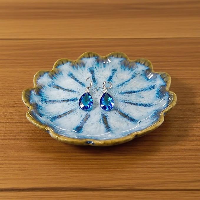 Lotus Ceramic Jewelry Tray, Small Trinket Jewelry Ring Holder Organizing Dish, for Parents Daughter Friends Sister, Birthday Gifts for Women, Retro Blue