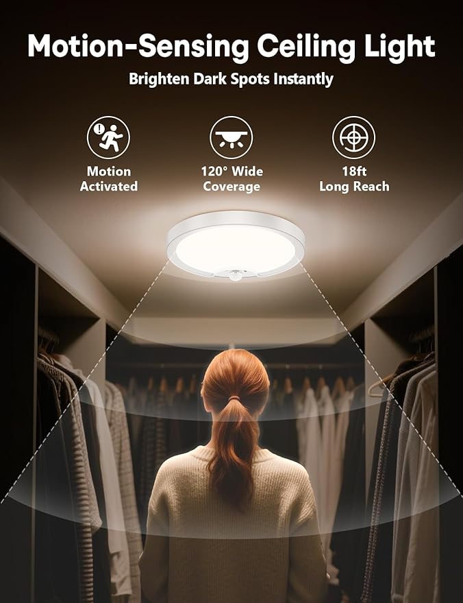 Rechargeable Motion Sensor Ceiling Light – No Wiring, USB Charging, 150+ Days Battery Life, Perfect for Hallways, Closets & Bathrooms