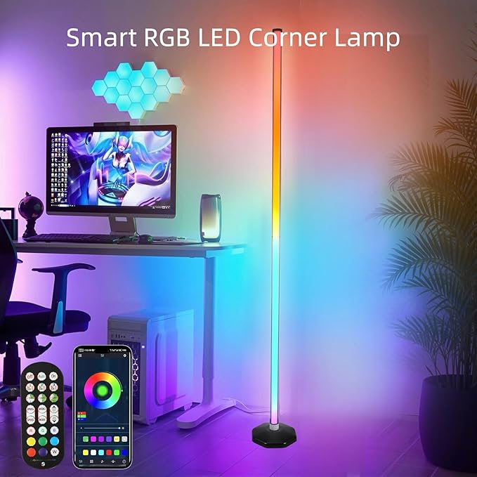 LED RGB Corner Lamp: Smart RGB LED Corner Floor Lamp Adjustable Height with 16 Millon RGBWIC Color Changing Lights 300+ Scene,Music Sync&Timer,Ambient Lighting for Living Room,Bedroom,Game Room