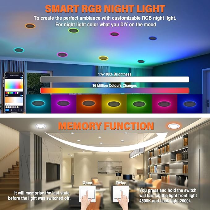 6Pack Smart RGB Recessed Lighting 4Inch,Ultra-Thin Canless LED Downlight,2.4GHz Wi-Fi Bluetooth, 2700K-6500K, 9W 810LM,Work with Tuya App,Alexa,Google Assistant,Sync Music