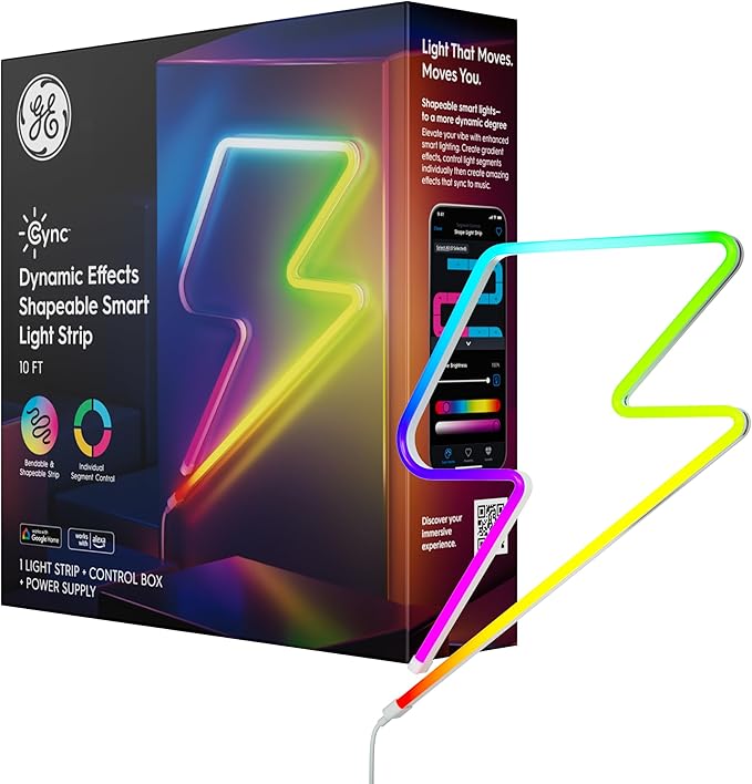 Cync GE Dynamic Effects Smart LED Shapeable Light, Color Changing Light Strip, 2.4GHz Wi-Fi Enabled, Compatible with Alexa and Google Home, 10ft + Power Supply