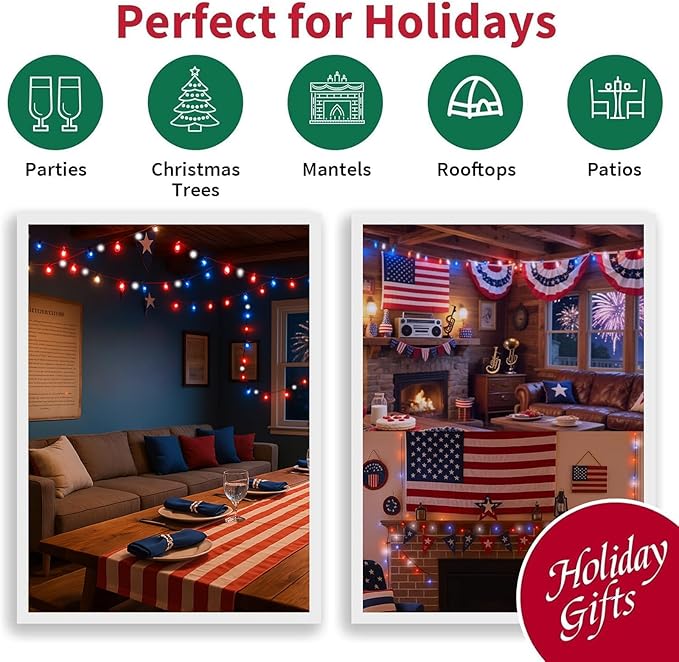 LAMPHOME 99ft 300LED Red White and Blue Patriotic String Lights, 16 Modes Red White Blue LED Lights Plug in, 4th of July Lights Outdoor for Independence Day Memorial Day Patriotic Window Decor