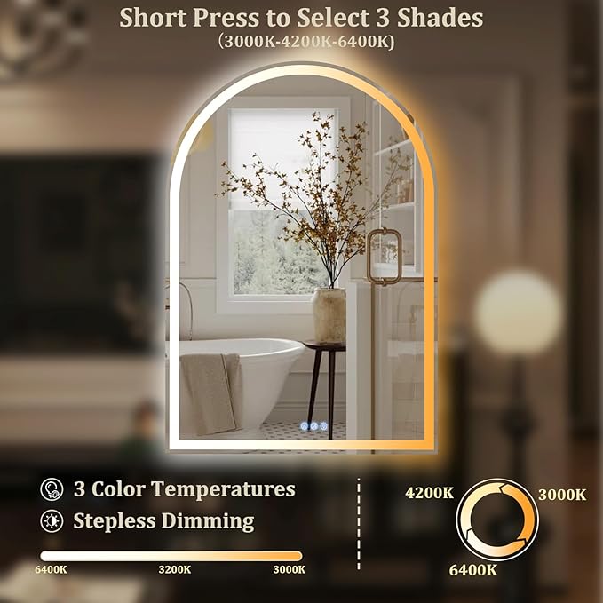 BEAUTYPEAK LED Arch Bathroom Mirrors with Lights, 36x24 Arch Mirror with Metal Frame, Anti-Fog,LED Mirror with Front Light and Backlit, Memory Function for Bathroom, Dressing Room