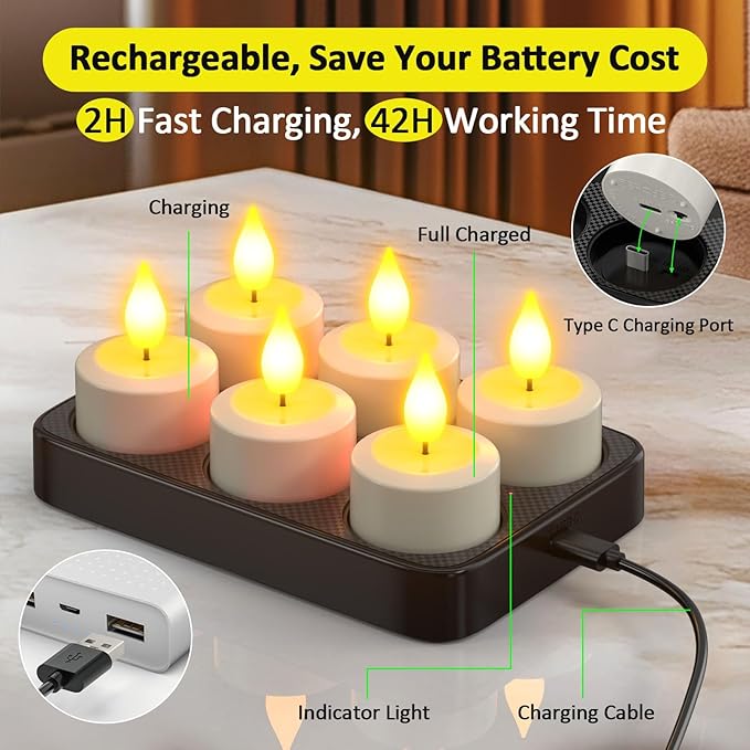 Yme Flameless Candles with Remote Timer and Charging Base, 6 Pack Rechargeable LED Battery Operated Flickering Flameless Candle, Electric Tea Lights Votive Candles for Home Wedding Party Holiday Decor
