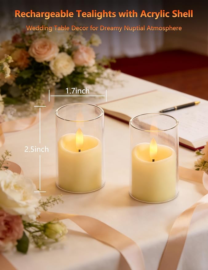 Rechargeable Acrylic Flameless LED Candles with Timer Control, Long Lasting Electric Tealights, Flickering Warm Glow Votive Candles for Holiday & Daily Decoration, (Set of 6, White)