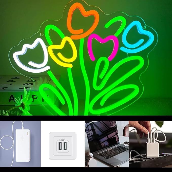 Tulip LED Neon Sign Dimmable LED Tulip Flower Neon Light Signs Tulip Bunch Store Shop Bedroom Club Wall Decor for Bedroom Studio Wall Decorations Gift for Mother's or Valentine's Day Gifts