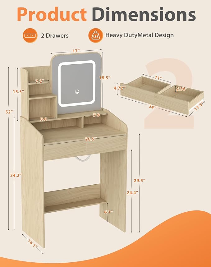 Small Makeup Vanity Desk for Girls with Lighted Mirror, 26.5” W Dressing Table with 2 Drawers and Power Outlet, 3 Light Modes & Adjustable Brightness, Vanity Table for Women Bedroom,Natural
