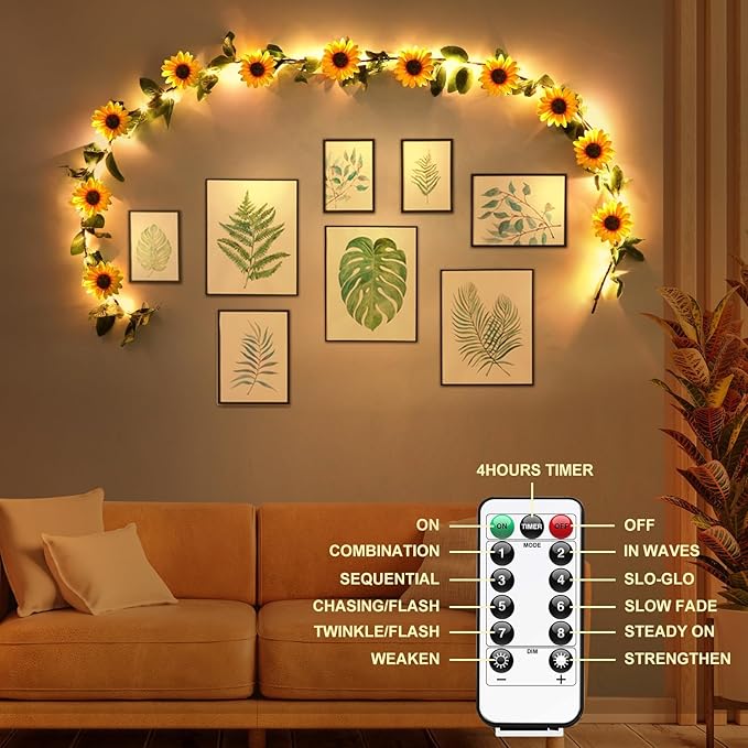 GOESWELL Artificial Sunflower Garland with String Light: 7.2ft Fake SilkFlowers Vines with Green Leaves and Remote Control -Hanging Garland Decor for Wall Party Wedding Table CenterPieces Decoration