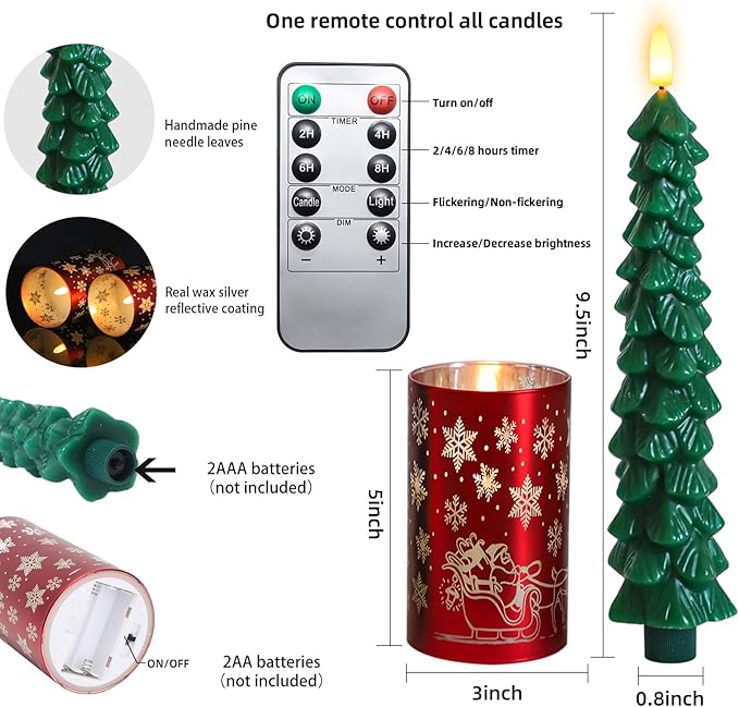 Lezonic Christmas Flameless Candles with Remote, Green Christmas Tree Flickering Battery Operated Window Candlesticks, Red Glass Xmas New Year Decorations Gifts, Set of 4 Real Wax LED Candles