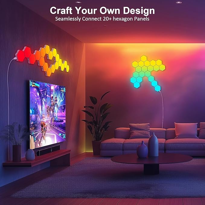 Hexagon LED Lights 8 Pack - RGB Wall Panels with Music Sync, Smart App & Remote Control, DIY Modular Hex Light for Gaming Room, Bedroom, Living Room, Wall Decor