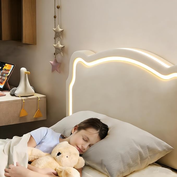 GarveeHome Twin Upholstered Smart LED Bed Frame with Headboard, Velvet Princess Platform Bed Frame for Kids, Wooden Slats Support, No Box Spring Needed (Off-White)