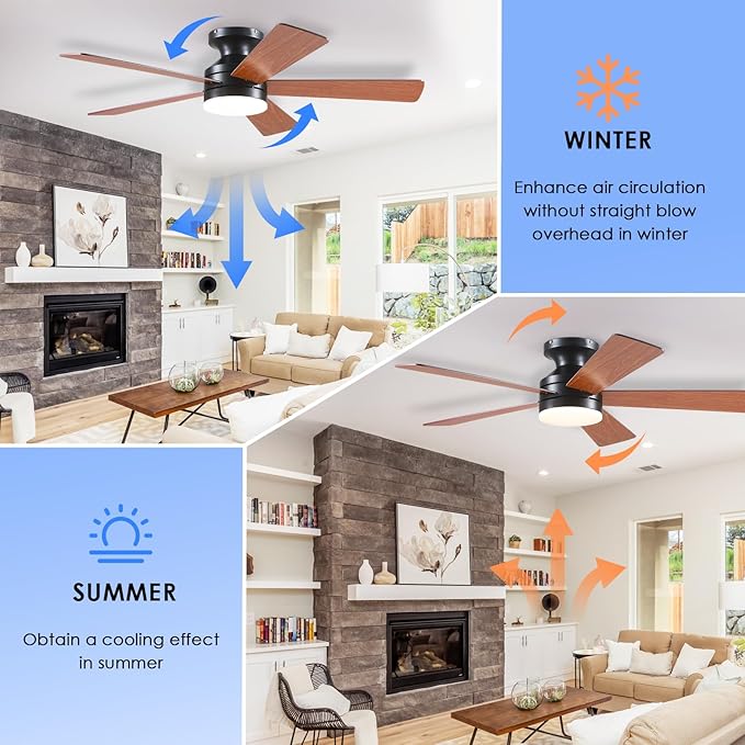 Flush Mount Ceiling Fan with Lights - 46IN Modern Indoor/Outdoor Ceiling Fan Light with Remote/APP, Low Profile Fan Light with 6 Speeds, Dimming, for Bedroom, Living Room, Brown