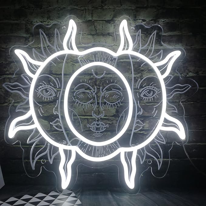 Sun and Moon Custom Neon Sign, 3D Aesthetic Burning Sun Light Hippie Indie Fractal Faces LED Sign Psychedelic Boho Neon Light Mystic Mandala Sign Wall Decor for Bedroom Home Bar Man Cave Parties Gift