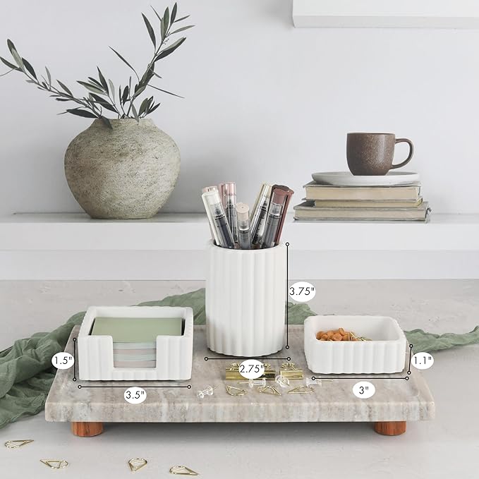 KIBAGA Modern Aesthetic Desk Accessories Set of 3 - Stylish Concrete Organizers for Pens & Office Supplies - A Cute and Functional Addition to Your Workspace Decor