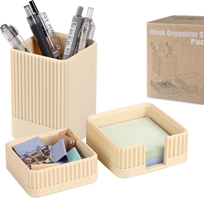 Aesthetic Desk Organizers and Accessories Set of 3 with Pen Holder,Paperclip Holder,Sticky Note Holder - Durable Plastic Pencil Holder for Office Women Men-Teacher Appreciation/Back-to-school Gift