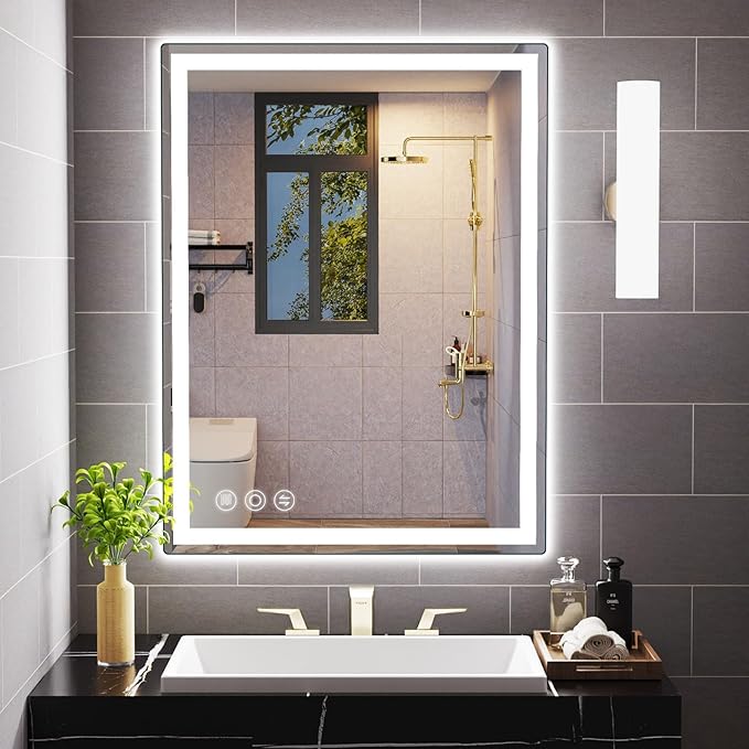 Bathroom Mirror, 28"x 36" LED Mirrors with Anti-Fog, Stepless 3 Colors Temperature & Dimmable, Memory Tempered Glass Bathroom Mirrors for Over Sink, Vanity Mirror with Lights