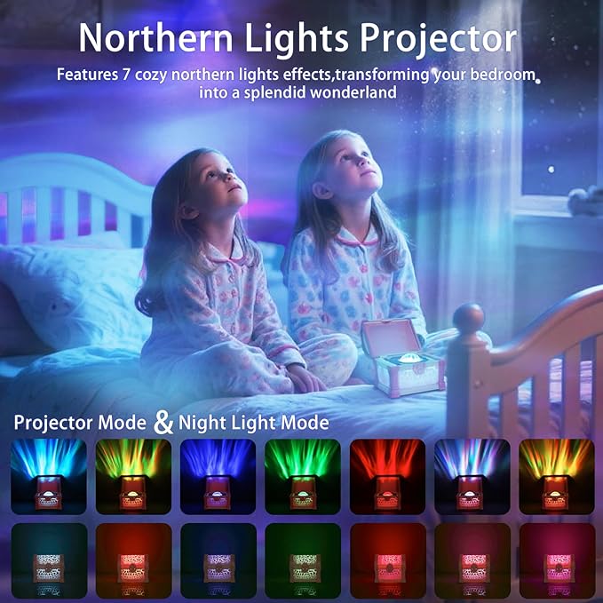 Pink Treasure Chest Night Light for Girls - 7-Color Northern Lights Projector Aurora Light Projector with Auto Timer, Dimmable Kids Bedroom Lamp for Girls Sleeping & Dreaming & Kids Room Decor