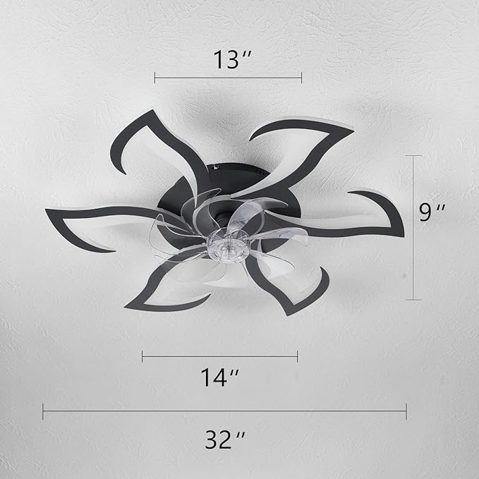 Modern Ceiling Fan with Light and Remote, Low Profile Ceiling Fans with Lights, 32 Inch Black Flush Mount Ceiling Fan with 3 Light Color 6 Speeds, Fandelier Ceiling Fans for Kitchen Bedroom