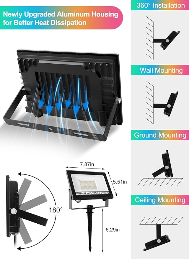 T-SUN LED Flood Lights Outdoor 60W, 600W Equivalent 6000LM Color Changing Landscape Light with APP Control, Waterproof Floodlights with 2700K & 16 Million Colors, Timing, Music Sync, US Plug(6 Pack)