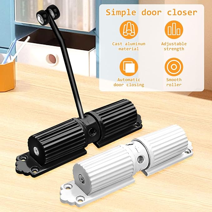 Automatic Door Closer - Heavy Duty Automatic Safety Spring Door Closer, Adjustable Tension Spring Action, for Wooden Doors up to 140 lbs with, Installation Hardware (Black)