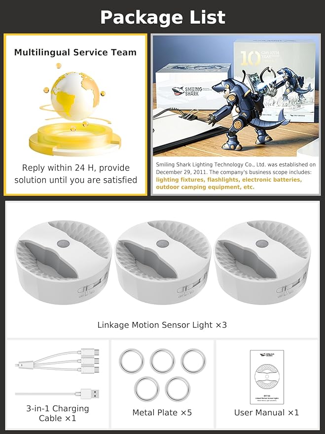 Smiling Shark BR168 Linkage Motion Sensor Night Light LED Smart Linked PIR & Light Sensing, Rechargeable Magnetic Stick-On Connected Smart Warm Night Step Lights for Bedroom Hallway Stairs, 3 Pack
