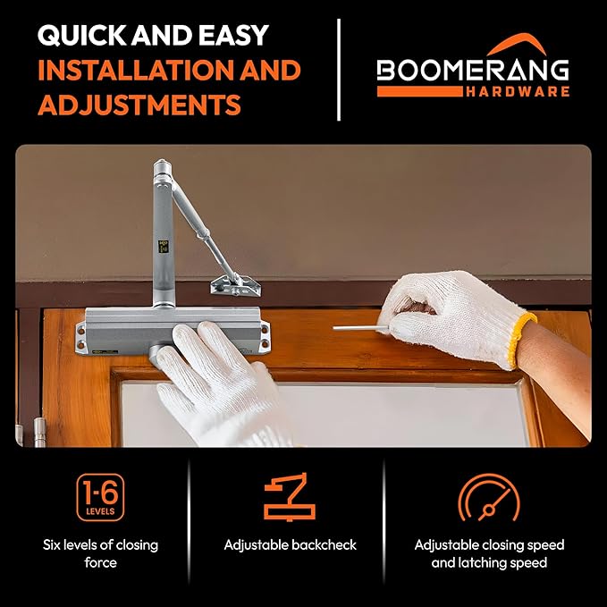 Boomerang Medium/Heavy Duty Automatic Commercial Door Closer -D4016 Surface Mounted, Grade 1- ADA & UL 3 Hour Fire Rated, Adjustable Size 1-6 for Entry & Aluminum Storefronts, Aluminum/Silver (US26D)