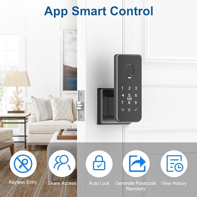Foxgard Fingerprint Door Lock – 5-in-1 Biometric Smart Lock with Keypad, App Control, Key, Auto-Lock, Electronic Deadlock – Keyless Entry for Bedroom, Office, Indoor Use – Includes 2 IC Cards
