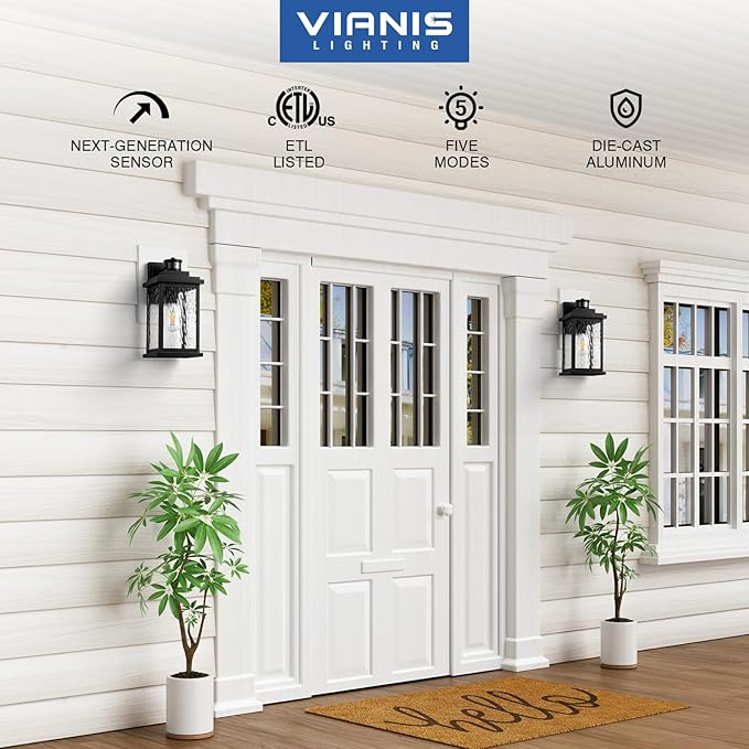 VIANIS 2 Pack Large Advanced Motion Sensor Outdoor Lights, Black Easy-to-Install Dusk to Dawn Outdoor Wall Lights, Aluminum Waterproof Porch Light with Water Glass for Porch, Garden, Front Door