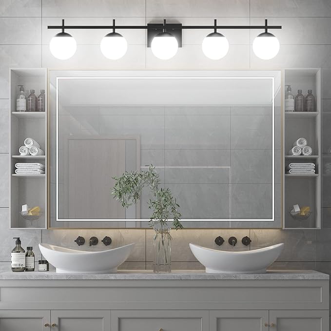 Ralbay Mid Century Modern Vanity Lights Black Milky Glass Mid Century Bathroom Vanity Lights Over Mirror, Wall Light for Bathroom Black 5 Light