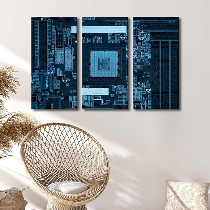 TUMOVO Technology Wall Decor CPU Poster Wall Decor Canvas Wall Art 3 Piece Modern GPU Computer Processors Art Prints Modern Decor Bedroom Living Room Stretched and Framed Ready to Hang (28" Wx42 H)