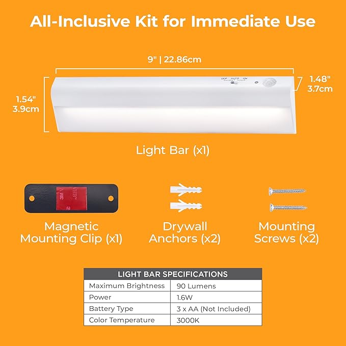 Battery Operated Under Cabinet Lighting, Motion Sensor On/Off, Warm White LED, Stick-On Install for Kitchen & Closets - 1 Bar